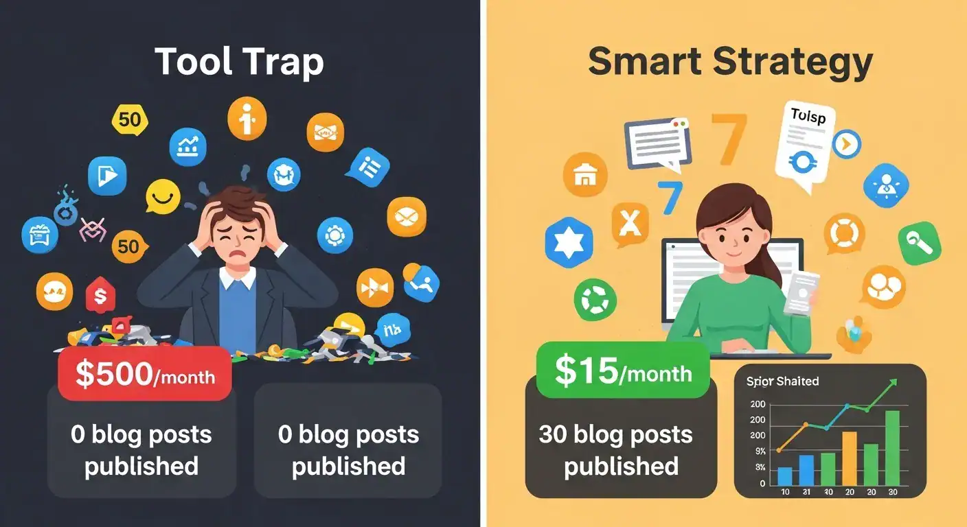 Tool trap vs. Smart strategy blog post illustration. Shows cost vs. output comparison.